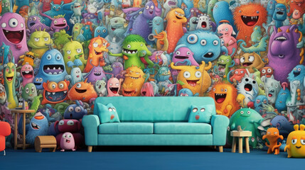 Fototapeta na wymiar A room decorated with doodle monsters
