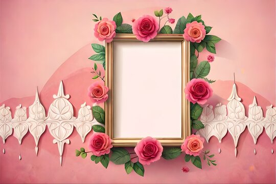floral picture frame vector with flower doodles on pink aesthetic background 