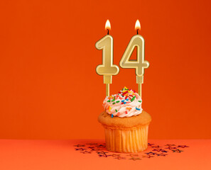 Number 14 candle - Birthday card design in orange background