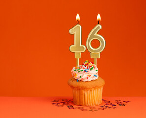 Number 16 candle - Birthday card design in orange background