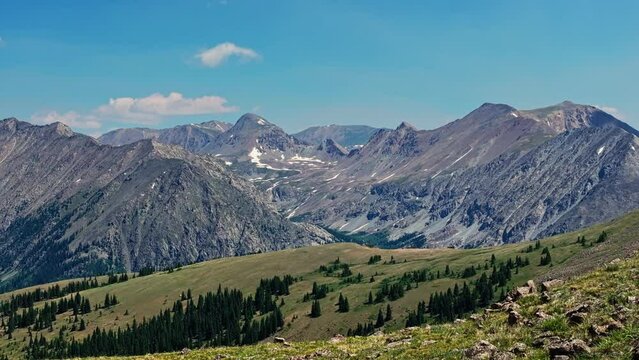 Aerial of the Rocky Mountains as seen from Cottonwood Pass near Boulder, Colorado, USA. Drone dolly forward shot