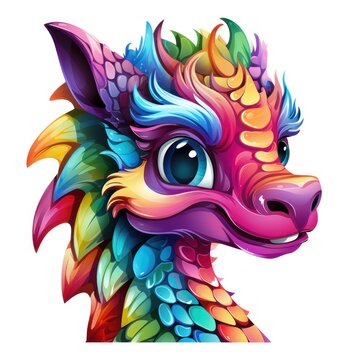 portrait of a cartoon cute colorful dragon with big eyes and cheerful emotions