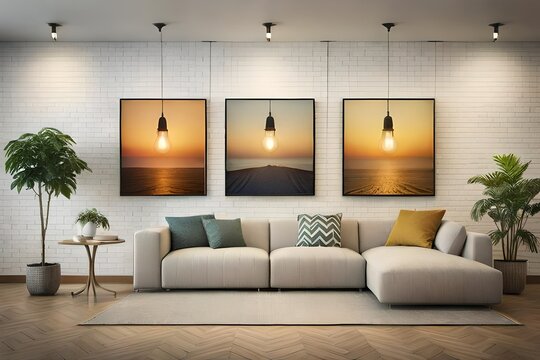 canvas hanging under decorative vintage light bulbs 3d render