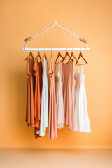 Fashionable capsule wardrobe in beige and white colors on a hanger. copy space. 