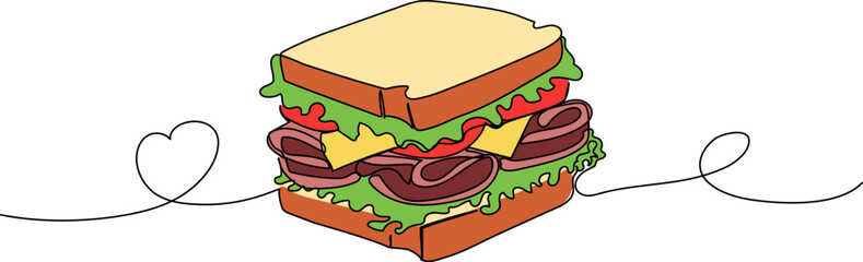 Continuous one line drawing of sandwich. Simple vector illustration