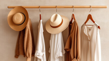 Trendy capsule wardrobe in beige and white on a hanger with straw hats. copy space.