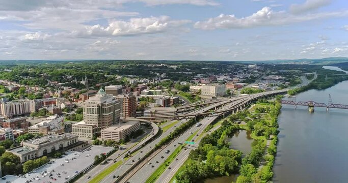 Albany New York downtown skyline, slow motion drone footage