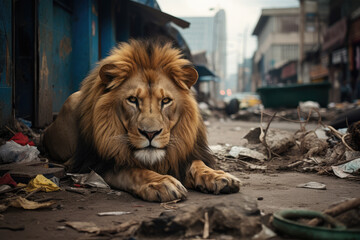 Homeless lion in a slum within the city