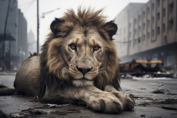 Homeless lion in a slum within the city