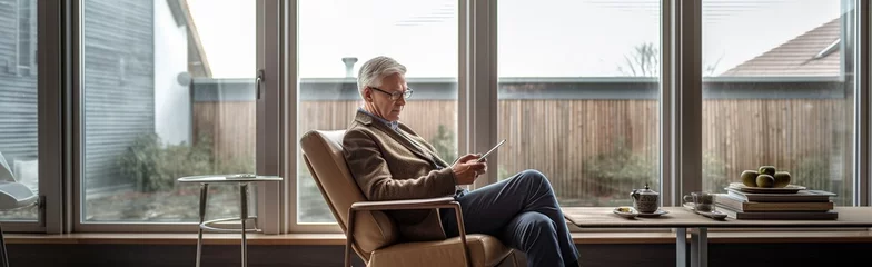 Fotobehang Generative AI : Retired gray haired grandpa asian man sit alone using mobile phone video call at table desk at window boring stay home self isolation quarantine feeling depress in problem mental healt © AI Images