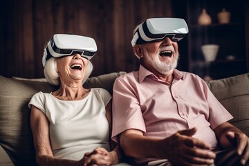 Generative AI : Candid of attractive senior asian couple using virtual reality or vr glasses technology or innovation playing game for fun together at home Old asian parents lifestyle at home in retir - Powered by Adobe