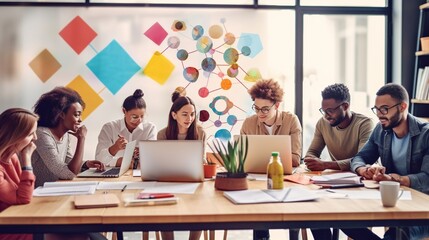 Generative AI : Multiethnic diverse group of creative team casual business people in strategic meeting or project brainstorm discussion at office using smartphone laptop and tablet Startup or teamwork