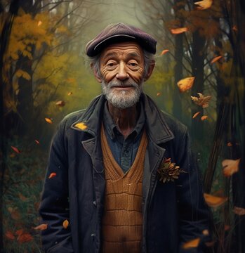 Generative AI : Portrait hand drawing of old senior mature man with fall or autumn color concept character for advertising with copyspace