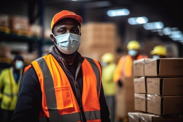 Generative AI : Elbow greeting to avoid the spread of coronavirus COVID19 African and caucasian worker man wear face mask greeting with elbow bump at warehouse Employee avoid touch for coronavirus pre