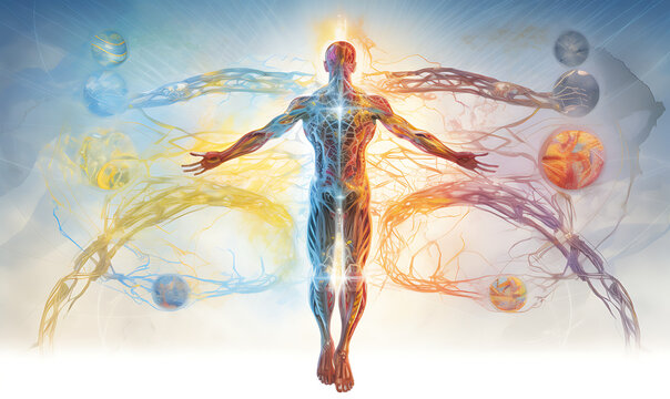 Radiant Connections Visualizing the Interplay of Human Energies and human body and color fully background and art man
