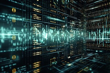 Obraz premium Abstract digital network. Lines of code, web elements, data flow. Represents interconnected cyberspace. Concept of modern computing and internet integration.