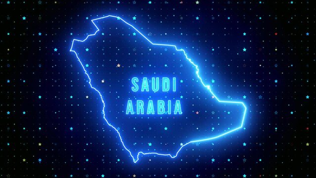 Futuristic Blue Shine Saudi Arabia Outline Map And Label Text Glowing Neon Light Flare Motion Reveal With Stars Sparkle Grid Background, 5-10 Seconds Seamless Loop