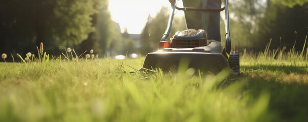 Professional gardener using an automatic lawnmower to cut the grass on a sunny day. AI Generative.