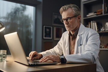 Portrait of man doctor talking to online patient on laptop screen sitting at clinic office desk giving online consultation for domestic health treatment. Telemedicine remote medical appointment - obrazy, fototapety, plakaty
