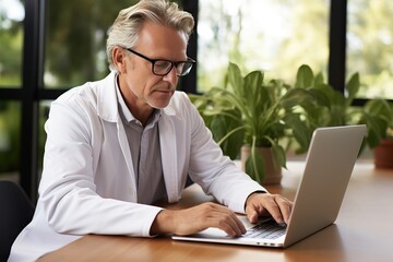 Fototapeta premium Portrait of man doctor talking to online patient on laptop screen sitting at clinic office desk giving online consultation for domestic health treatment. Telemedicine remote medical appointment