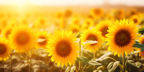 Obraz premium Sunflower on blurred sunny nature background. Horizontal agriculture summer banner with sunflowers field
