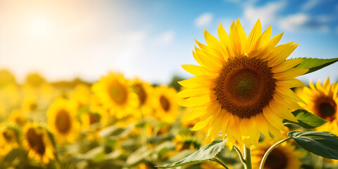 Obraz premium Sunflower on blurred sunny nature background. Horizontal agriculture summer banner with sunflowers field