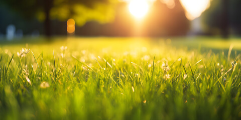 Sunny nature background close-up of summer lawn with bokeh sun at sunset