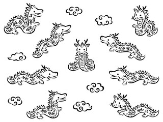 筆描き調の龍のキャラクターと雲の線画イラストセット