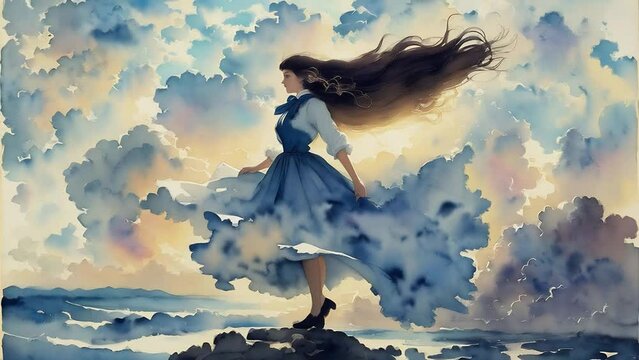 女性の髪が風にたなびく水彩アニメーション　generative AI