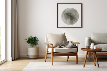 Fototapeta na wymiar Lounge chair and round wooden table against beige wall and poster frame. Modern living room interior design