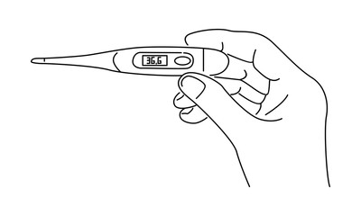 line art of hand holding electronic thermometer