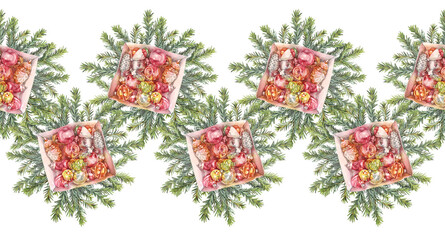 Seamless rim with watercolor box with Christmas toys and wreath tree fir on white background. Hand-drawn celebration gift for New Year. Red green golden silver balls. Border for wallpaper or wrapping