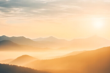 Obraz premium Natural fog and mountains sunlight background blurring, misty waves warm colours and bright sun light. Christmas background sky sunny color orange light patterns, abstract flare evening on clouds blur