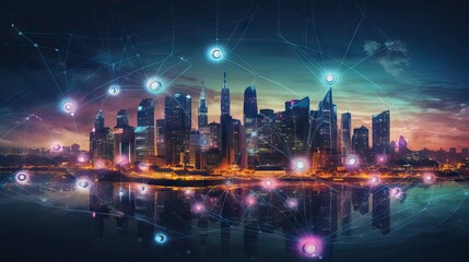 Obraz premium A city fully interconnected with high-speed 5G networks, providing seamless data transmission and experiencing the future. Generative AI