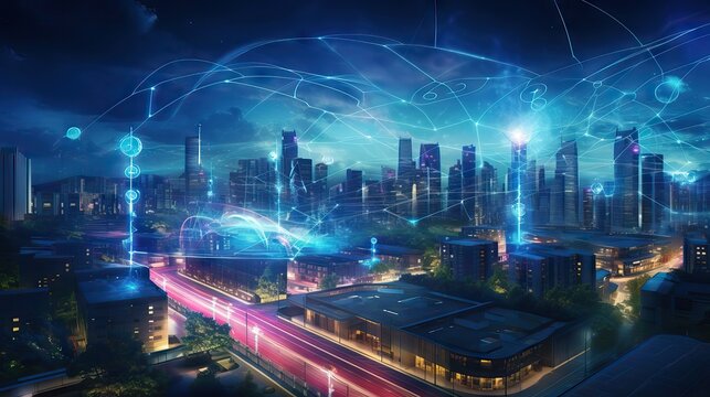 A city fully interconnected with high-speed 5G networks, providing seamless data transmission and experiencing the future. Generative AI