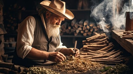 An elderly man meticulously working with tobacco leaves before they are processed, preserving a centuries-old tradition. Generative AI