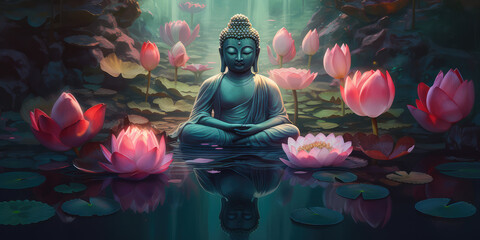 glowing Lotus flowers and gold buddha statue, generative AI	
 - obrazy, fototapety, plakaty