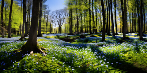Forest glade with lots of white and blue spring flowers on a sunny day