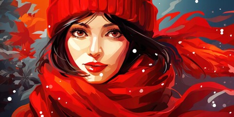 illustration of female in Christmas red hat and scarf, generative AI