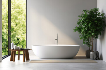 Modern minimalist bathroom interior design with white bathtub and green plants - obrazy, fototapety, plakaty