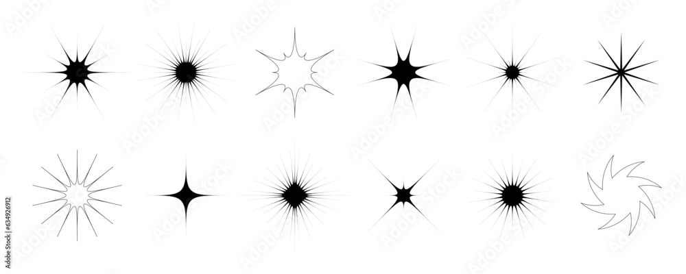 Poster black stars and twinkles set. retro blink collection. abstract simple starburst shine effect pack. d