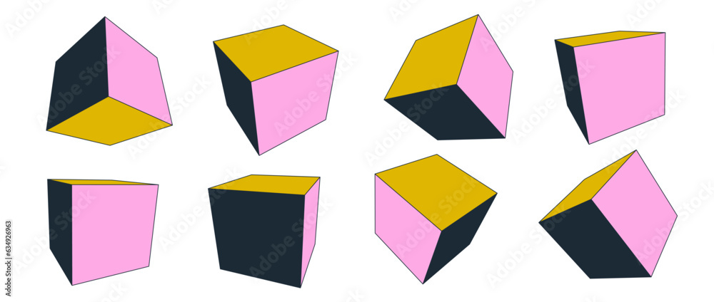 Poster Colorful 3d cube set. Neon color geometric boxes in different perspective, angles and positions. Yellow and pink faces cubic shapes collection. Bright containers pack. Vector illustration 