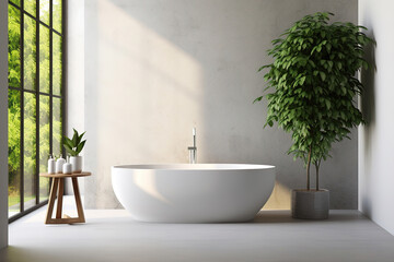 Modern minimalist bathroom interior design with white bathtub and green plants