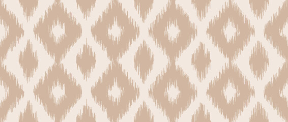 Seamless beige ikat pattern. Ethnic diamond monochrome repeating background. Ornamental tribal fabric and textile swatch print design. Vector light brown asian folk abstract wallpaper