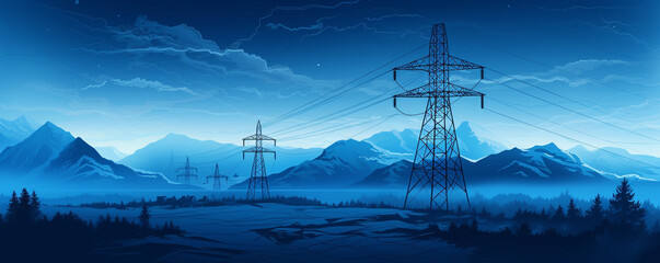 electricity power line silhouetted on a blue sky