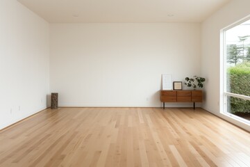 Empty room and wall and wooden floor with interesting with glare from the window. Interior background for the presentation. Generative AI