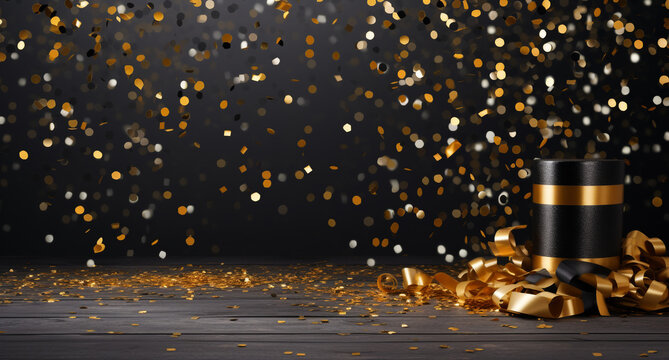 podium with prize on a dark background, falling golden confetti, first place, fame and popularity