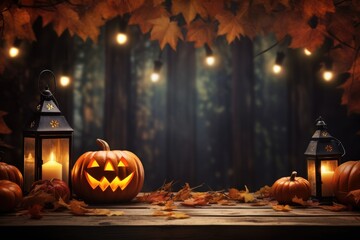 Obraz premium Halloween theme on wooden desk with copy space. thanksgiving. Generative AI