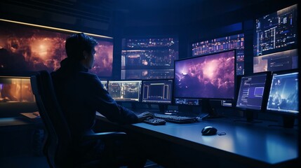 a man sitting at a desk with multiple monitors