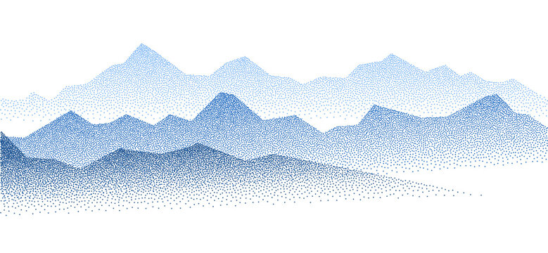 Dotwork mountain grain pattern. Dotted noise, grunge texture landscape and terrain. Stippled gradient mountains. Grainy hills. Noisy stochastic background. Pointillism textured in blue color tones